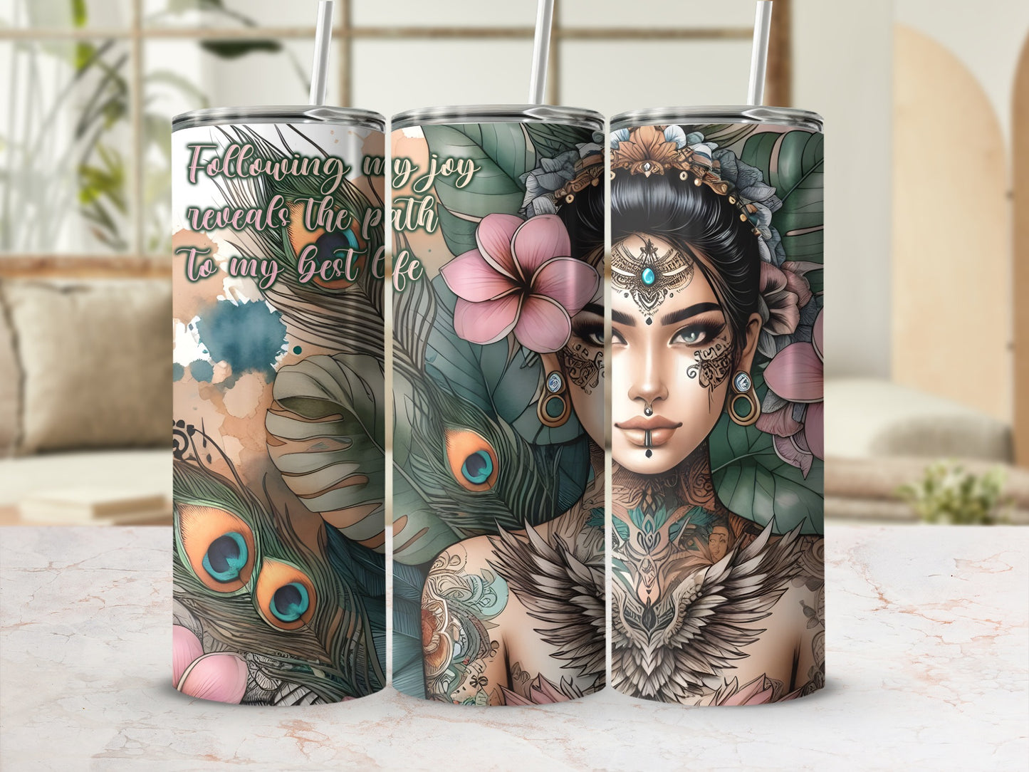 Bohemian woman with elaborate tattoos, feathers, and floral crown on tumbler.