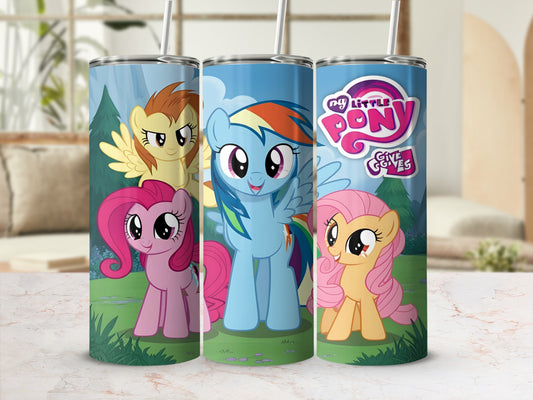 My Little Pony character tumblers with straws, featuring Rainbow Dash, Pinkie Pie, and Fluttershy.