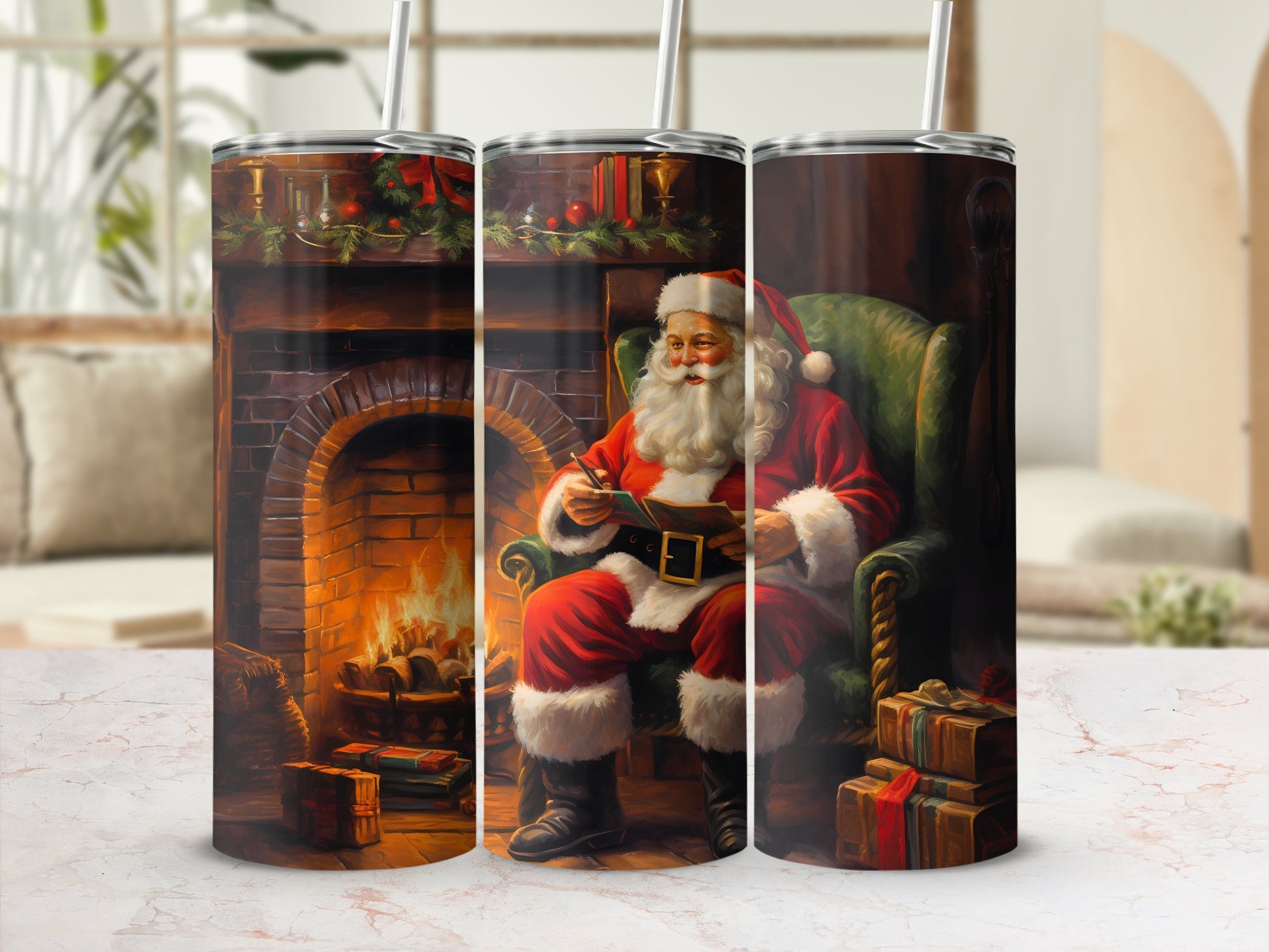 Santa Claus by Fireplace Christmas Tumbler