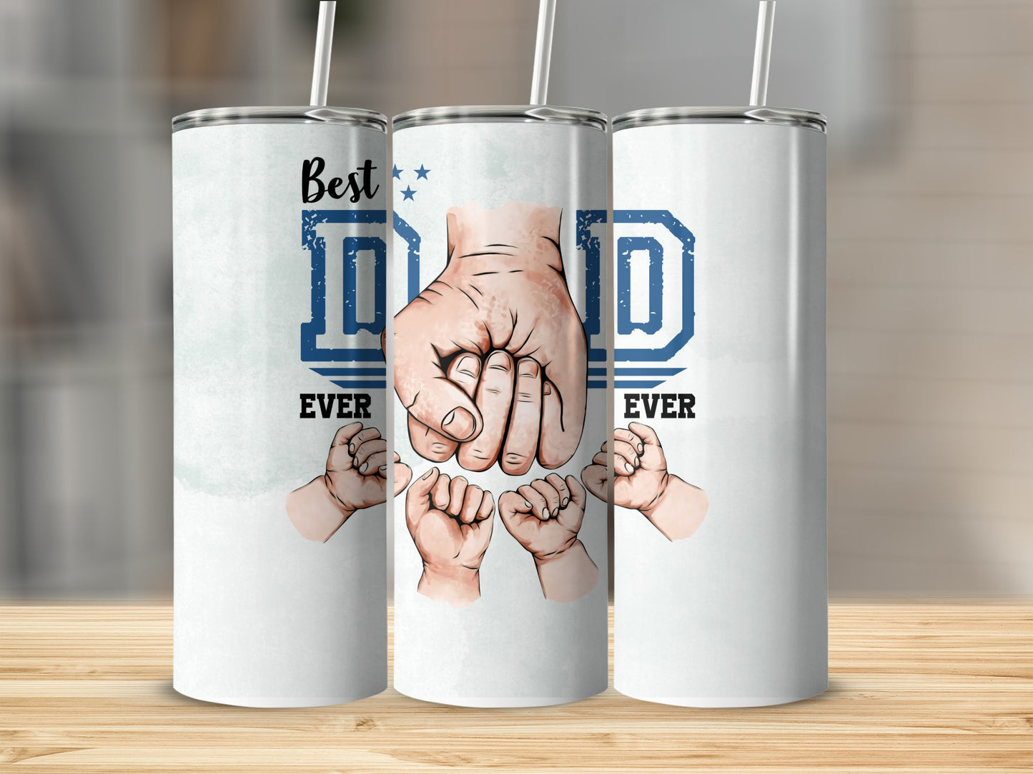 White tumblers with "Best Dad Ever" text and graphics of adult and baby fists.