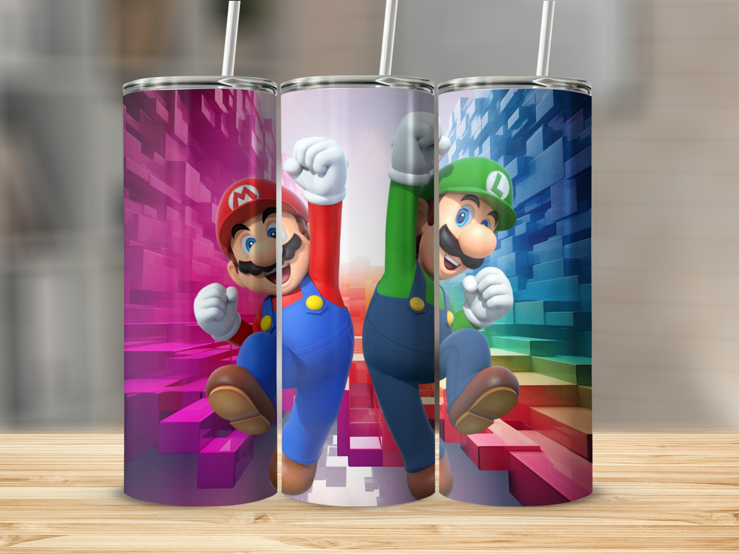 Colorful Mario and Luigi Tumbler with Straws