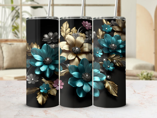 Three tumblers with a floral and metallic leaf design.
