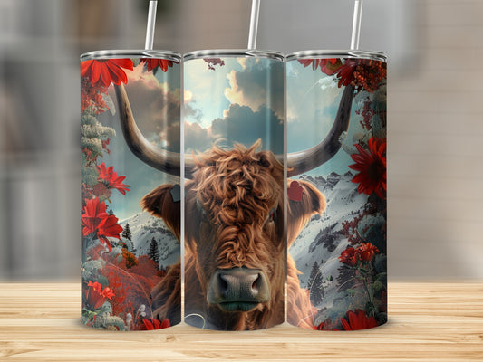Highland cow with floral and mountain background on three tumblers.
