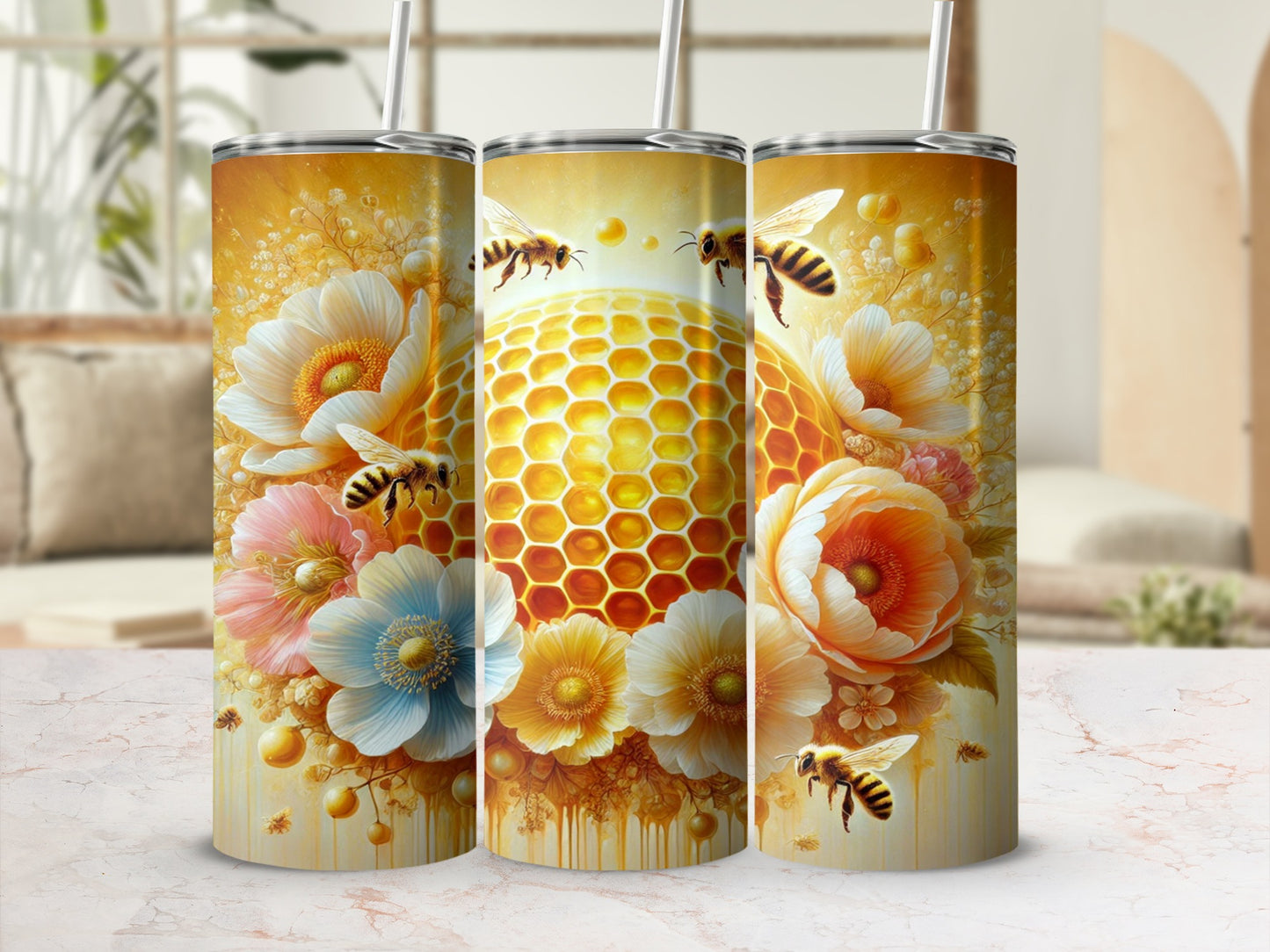 Floral Bee and Honeycomb Design Stainless Tumbler