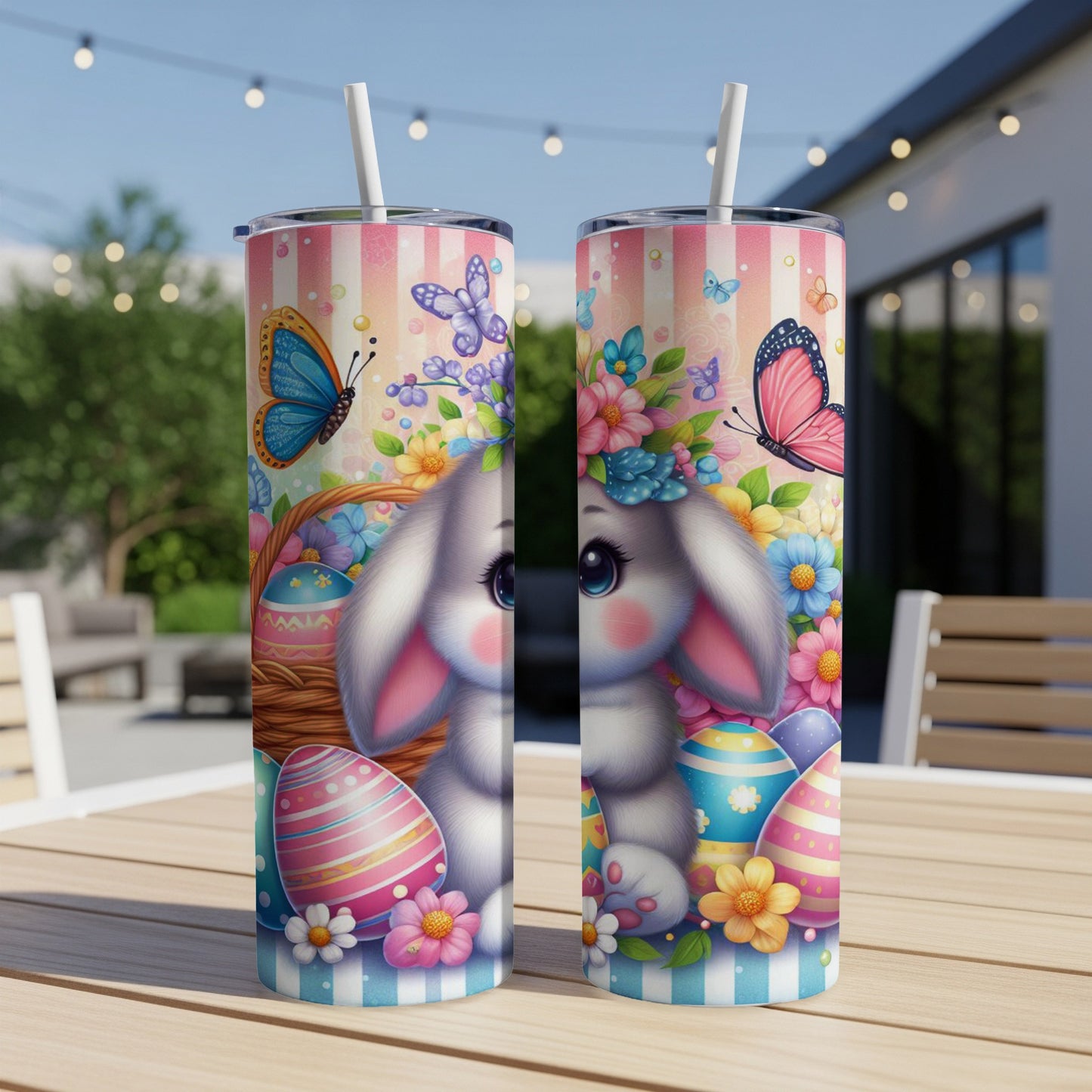 Easter bunny with colorful eggs and butterflies on a patterned tumbler.