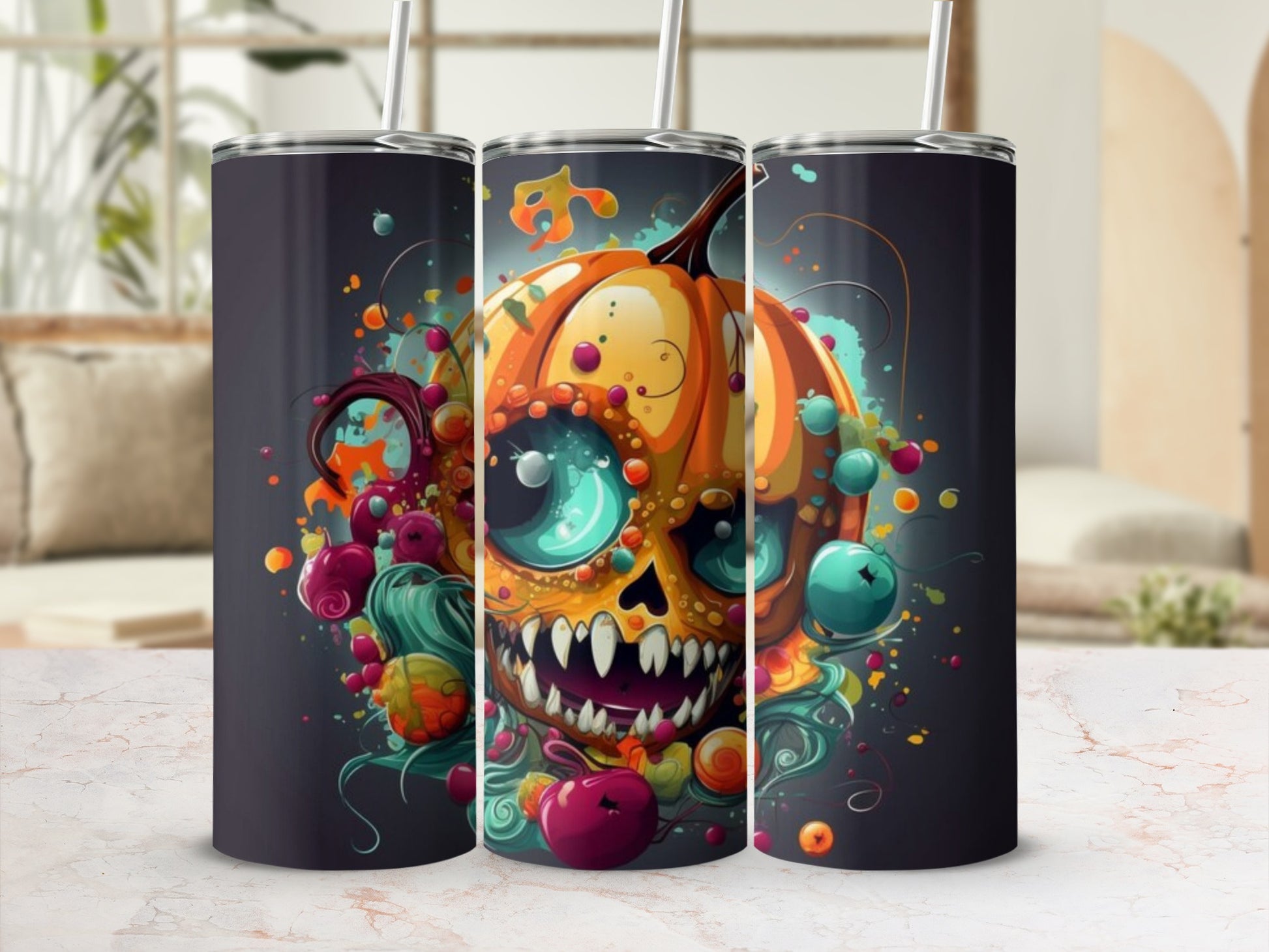 Three tumblers featuring a spooky, colorful pumpkin skull with teal eyes and fangs.