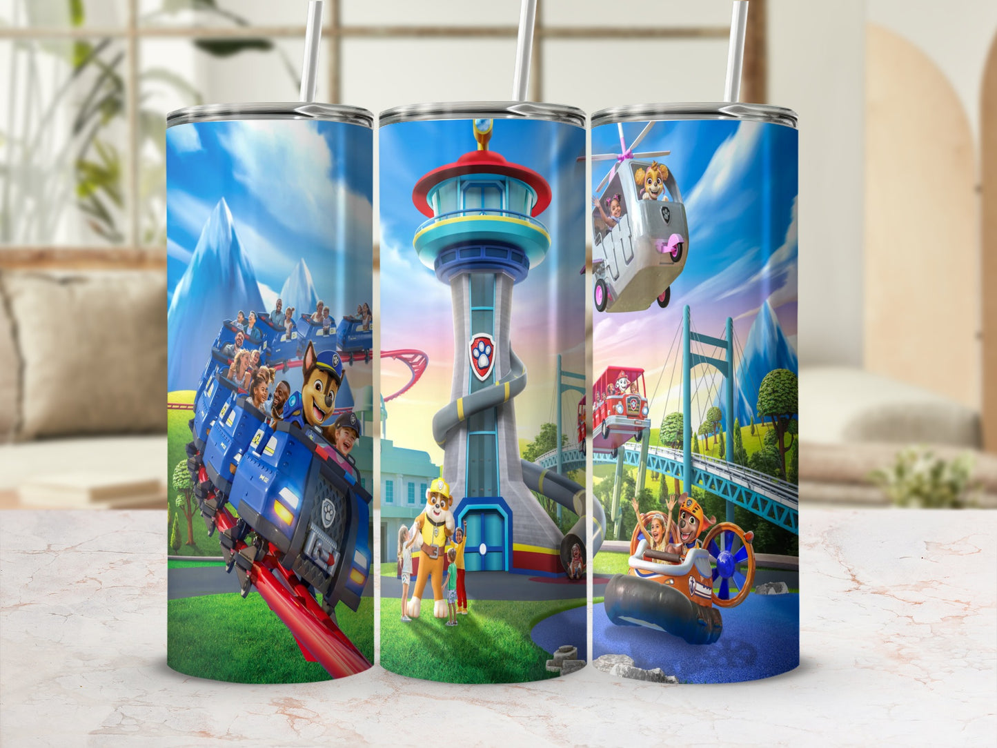 Paw Patrol characters on blue truck and rescue vehicles in cartoon scenes.