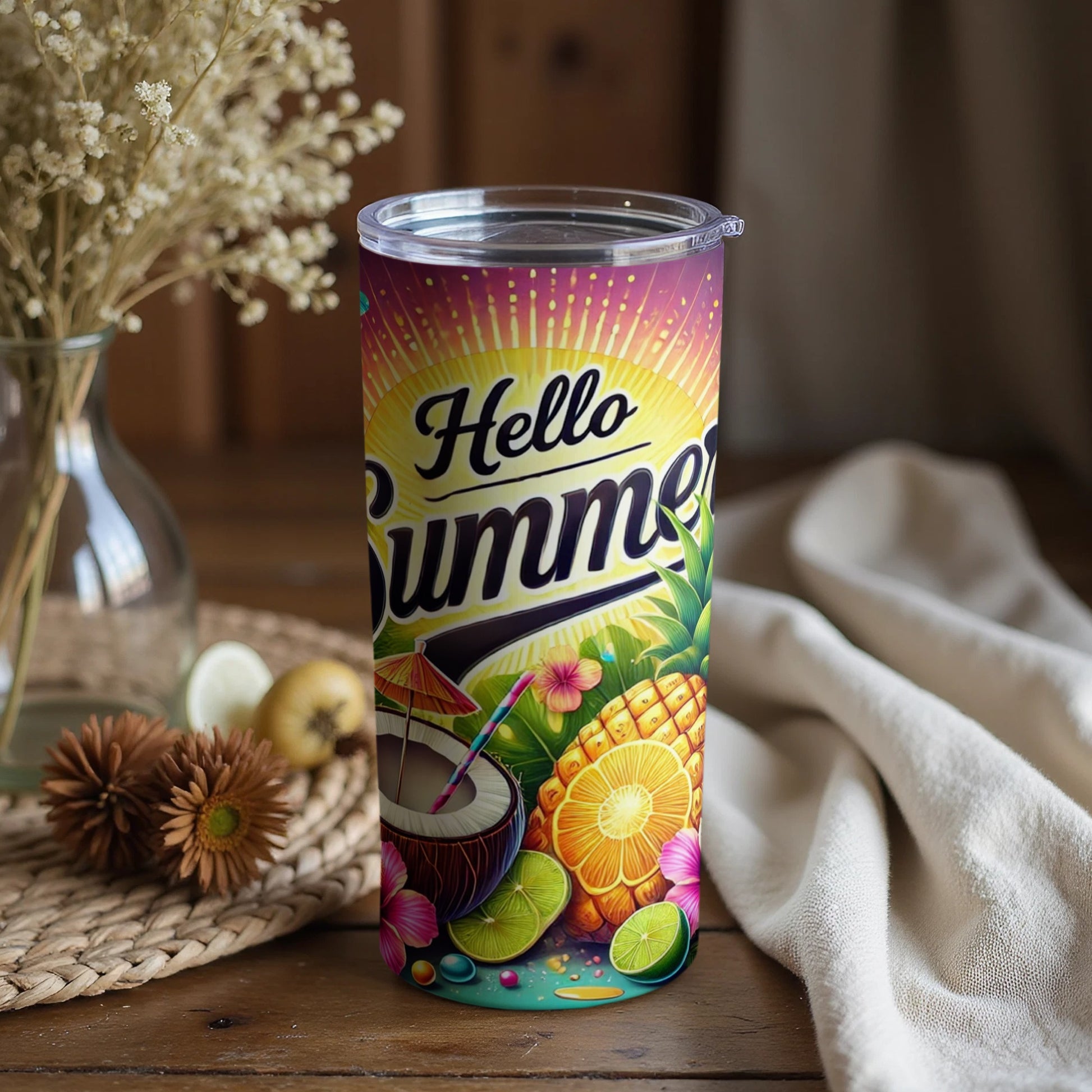 Hello Summer Tropical Fruits Illustration Tumbler