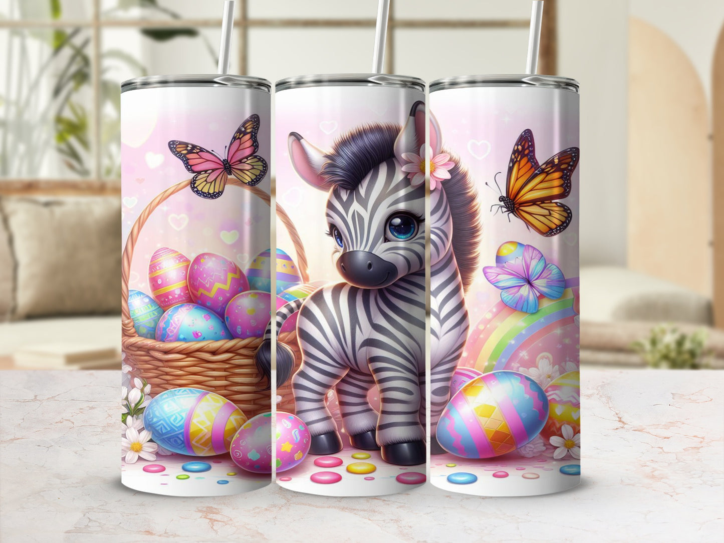 Easter tumbler with a cute zebra, colorful eggs, butterflies, and rainbow.