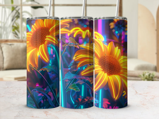 Three neon sunflowers with a blurred background on tumblers.