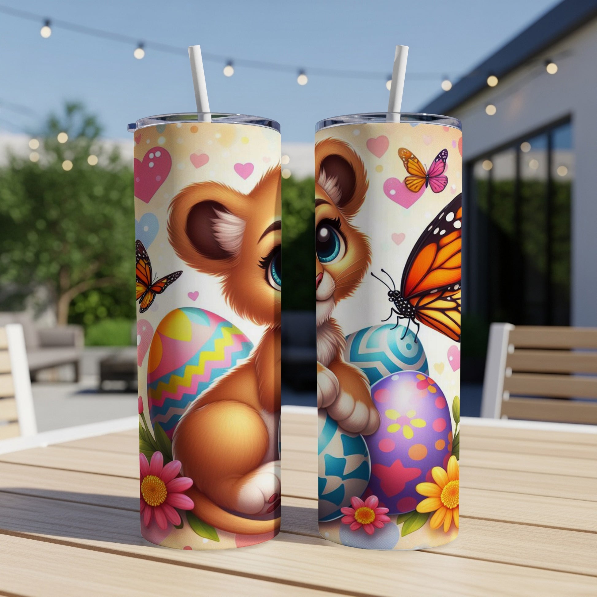 Lion cub illustration with Easter eggs and butterflies on a tumbler.