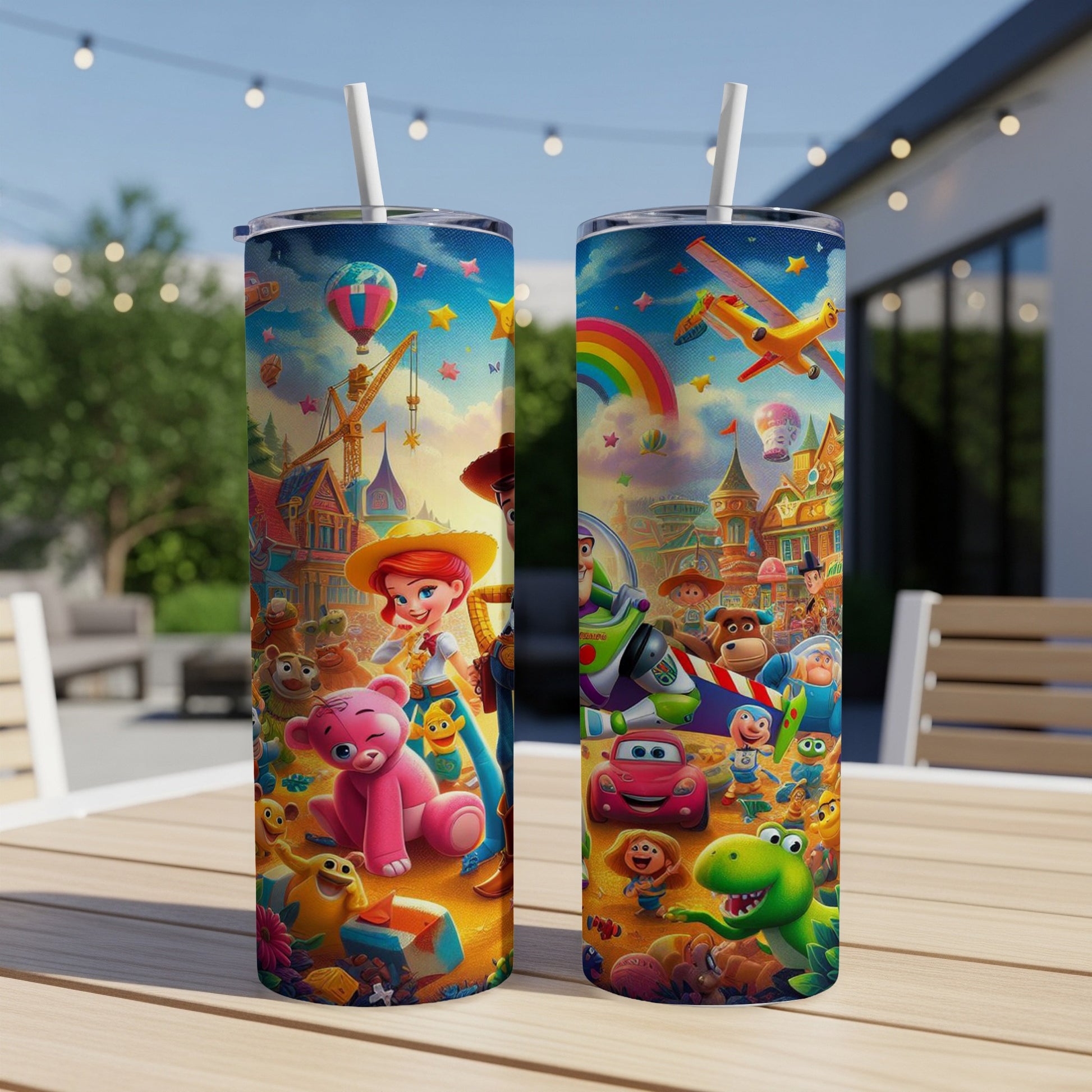 Toy Story characters and theme park elements on a reusable tumbler.