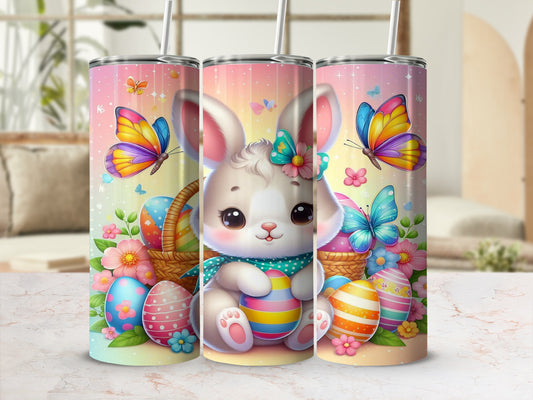 Easter bunny with colorful eggs and butterflies on a gradient background.