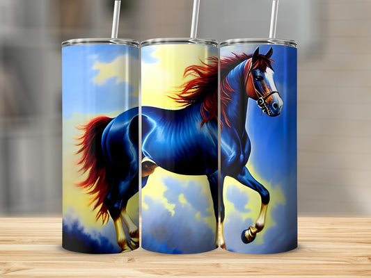 Dark blue horse with red mane on blue and yellow sky background.