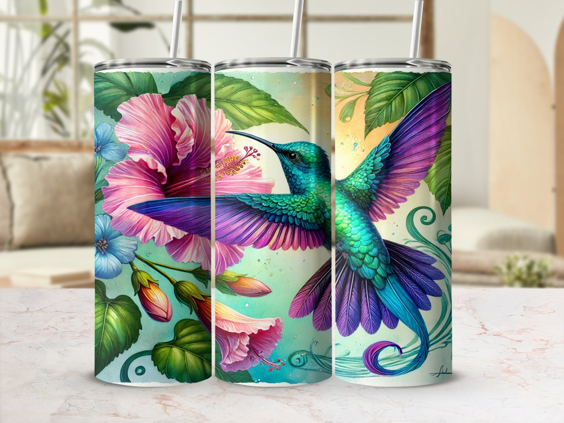 Vibrant Hummingbird and Hibiscus Tumbler Cup