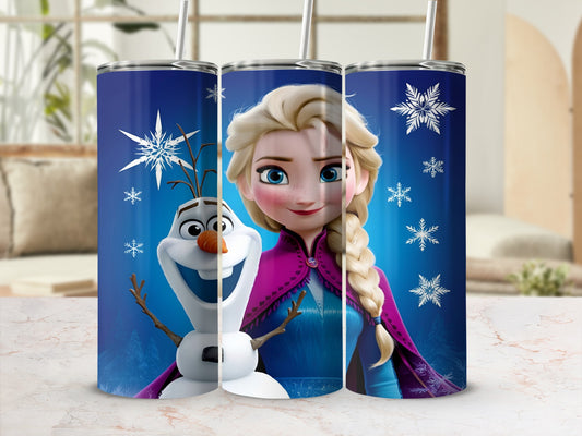 Olaf and Elsa from Frozen on a blue tumbler with snowflakes.