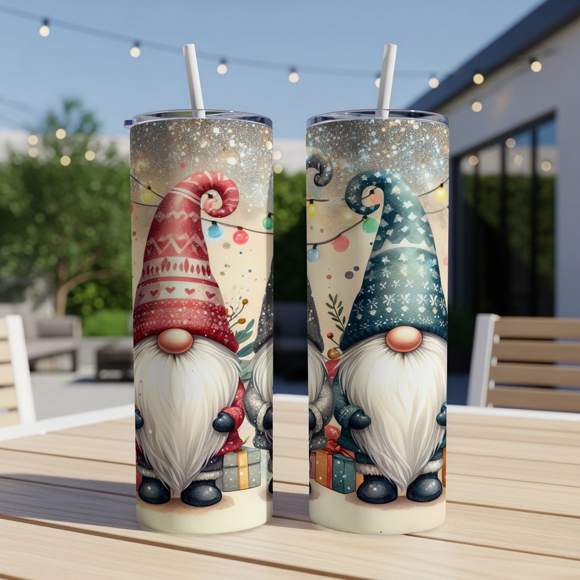 Two gnomes with patterned hats and gifts, festive lights in background.