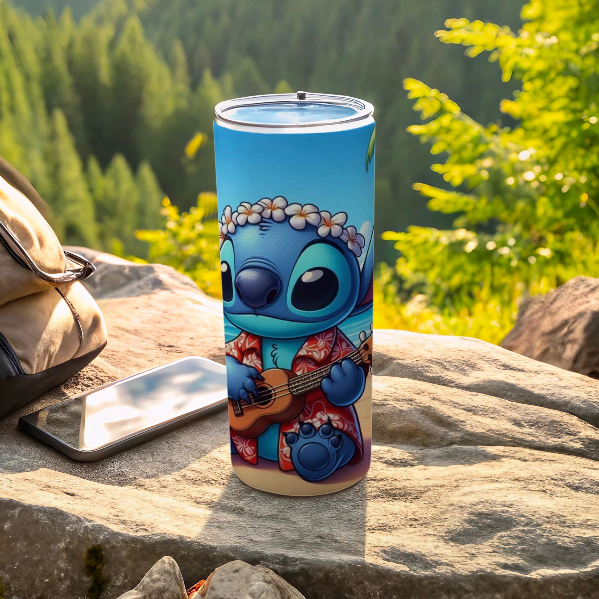 Cute Blue Character Playing Guitar Outdoor Tumbler