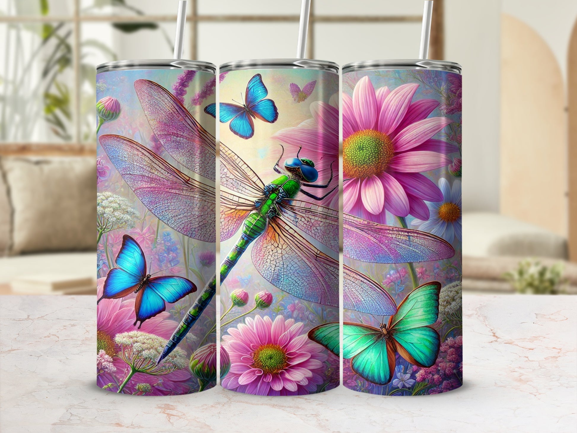 Colorful Dragonfly and Butterfly Floral Tumbler Design