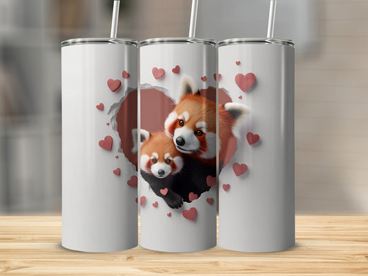 Two red pandas in a heart opening, surrounded by red hearts.