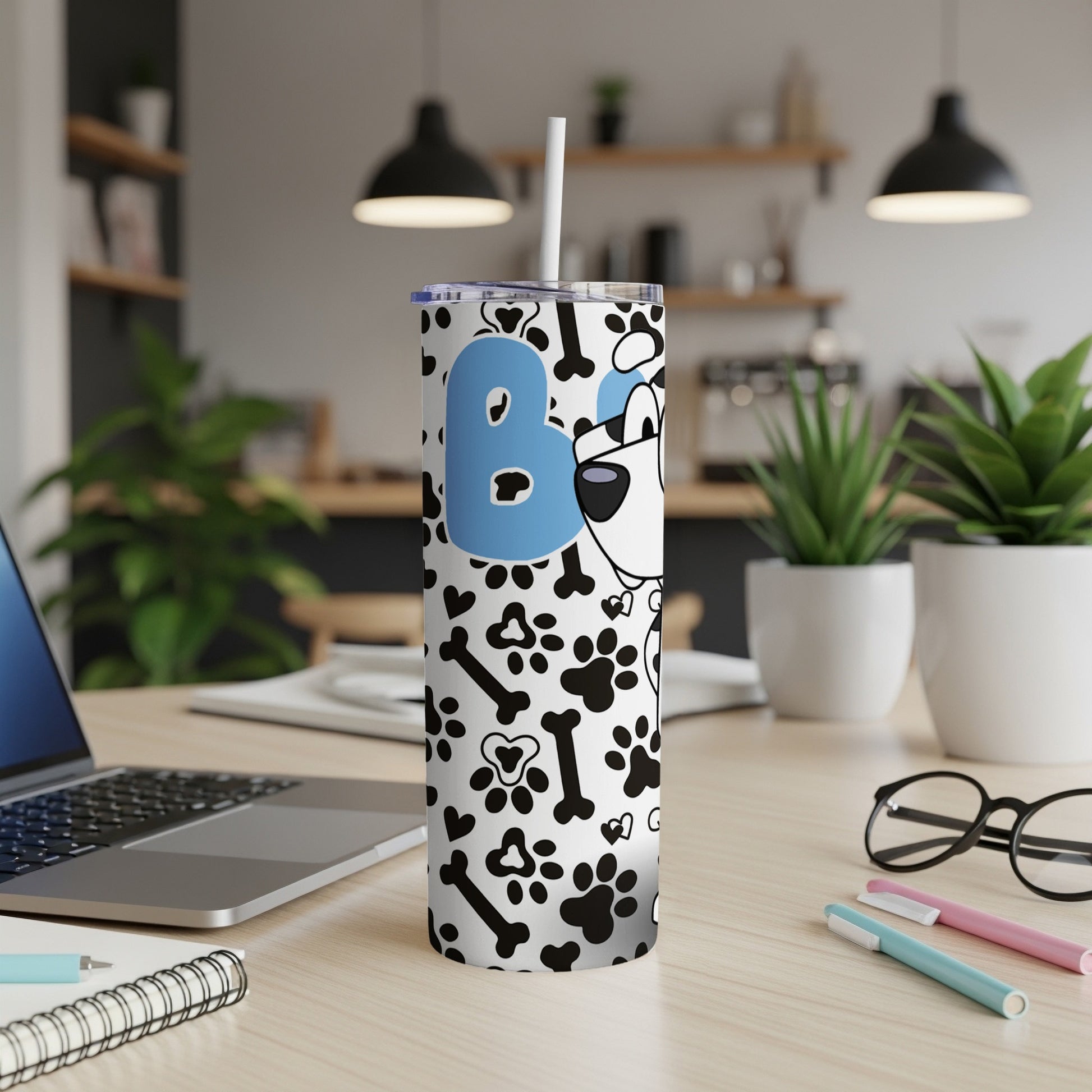 Dalmatian dog pattern tumbler with straw, featuring a large blue letter B.