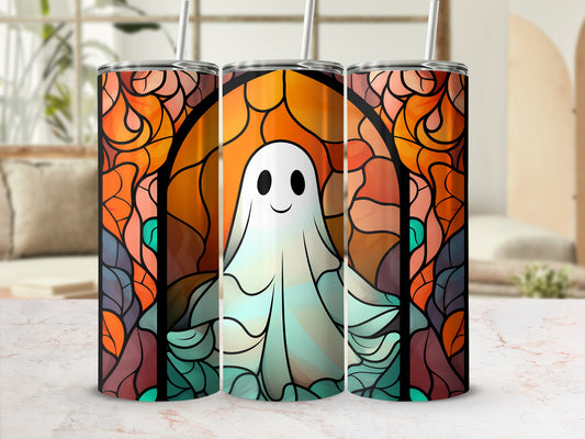 Ghost tumbler with stained glass pattern, featuring a smiling ghost design.