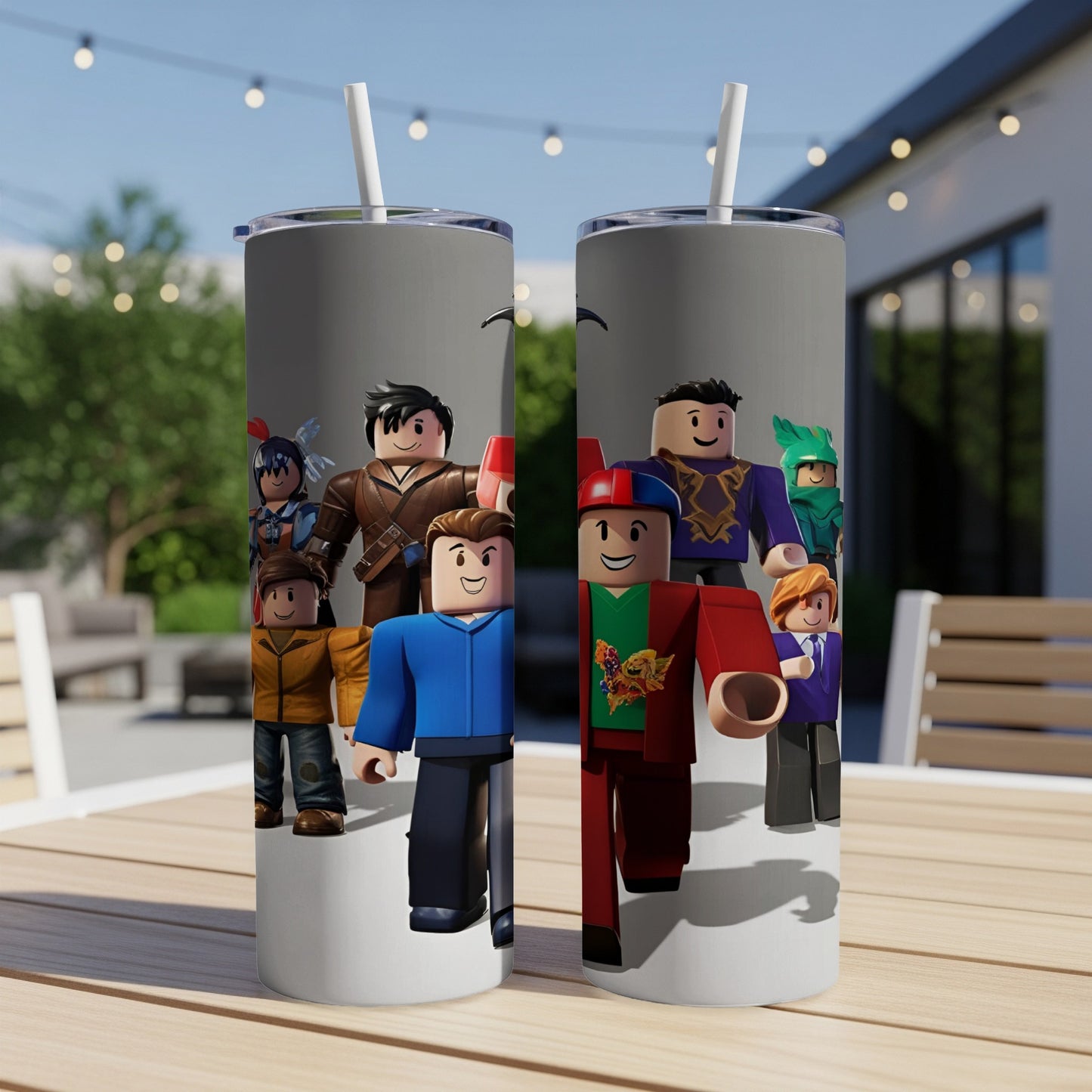 Roblox characters from the game stand in a row on a white surface.