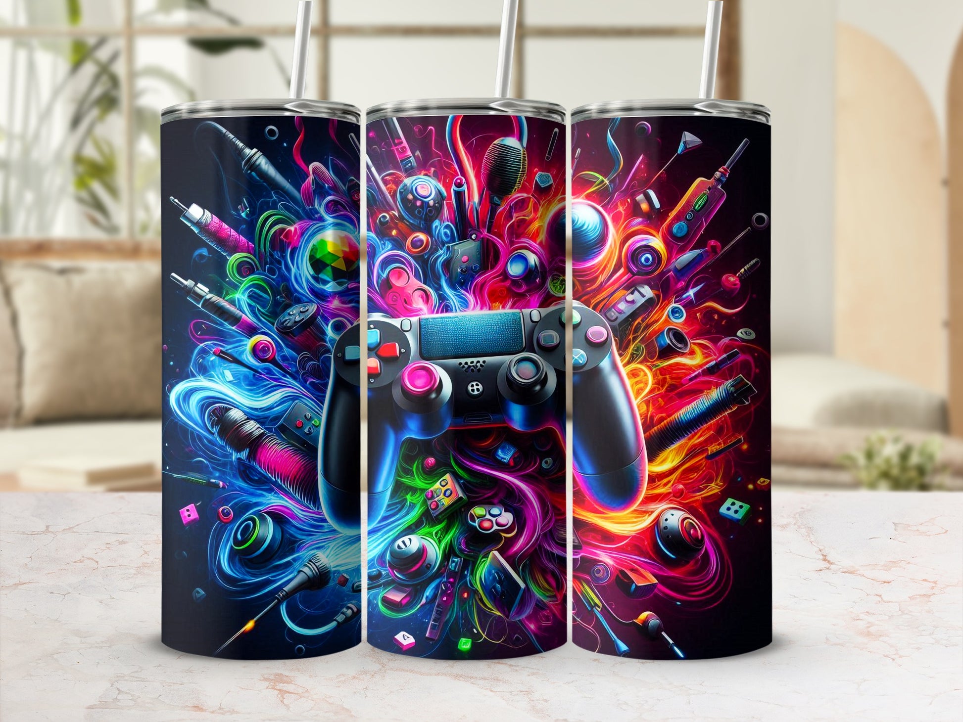 Gaming controller and abstract colorful elements on a black background.