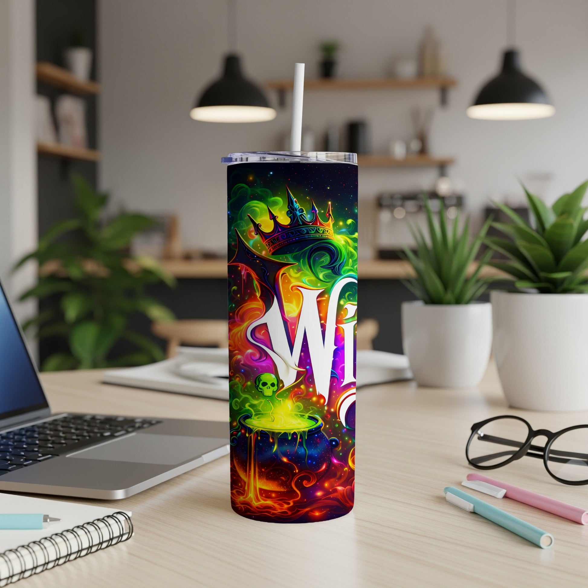 Tumbler with cosmic witchy art, crown, cauldron, and "Witch" text.