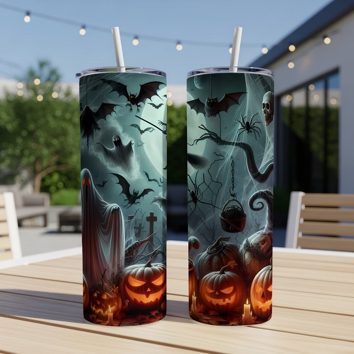 Two tumblers feature a Halloween design with ghosts, bats, spiders, and jack-o'-lanterns.