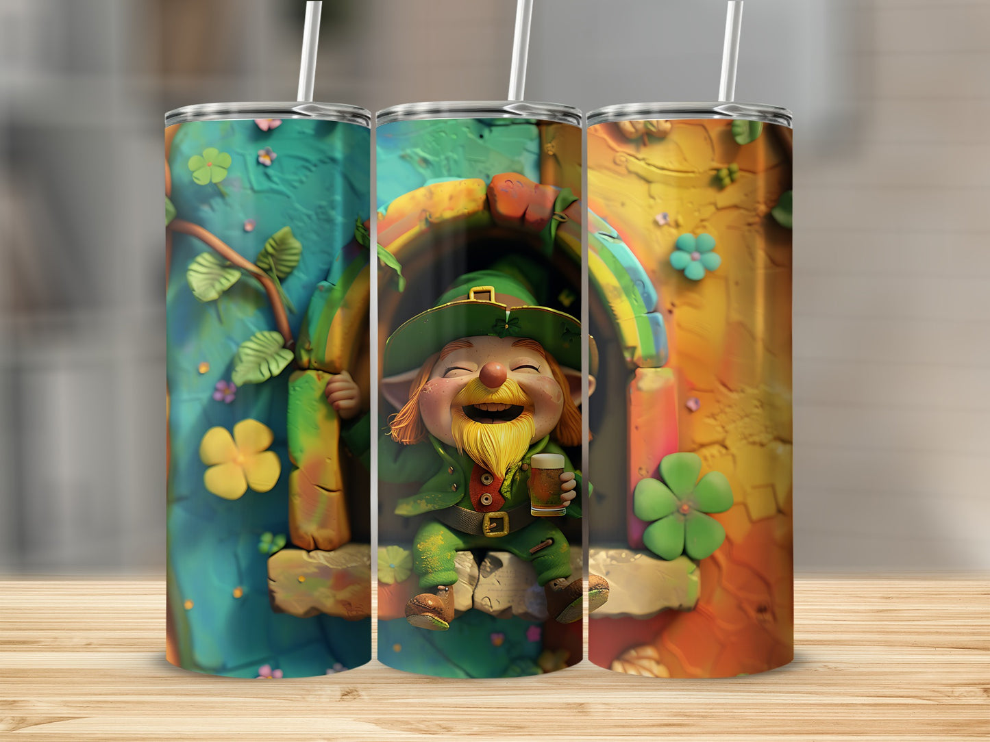 Leprechaun with beer in a colorful, festive archway, holding a tumbler.