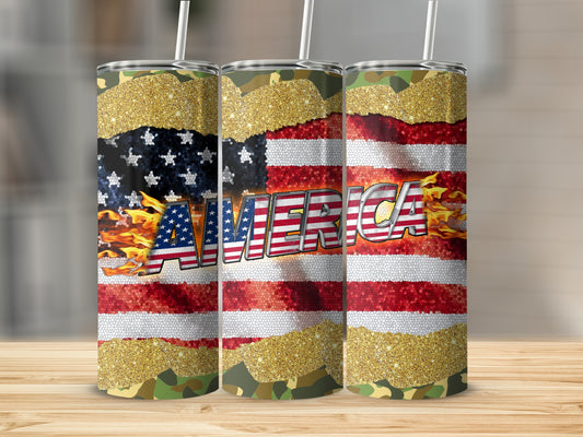 Three tumblers with America flag, camouflage, and glitter designs.