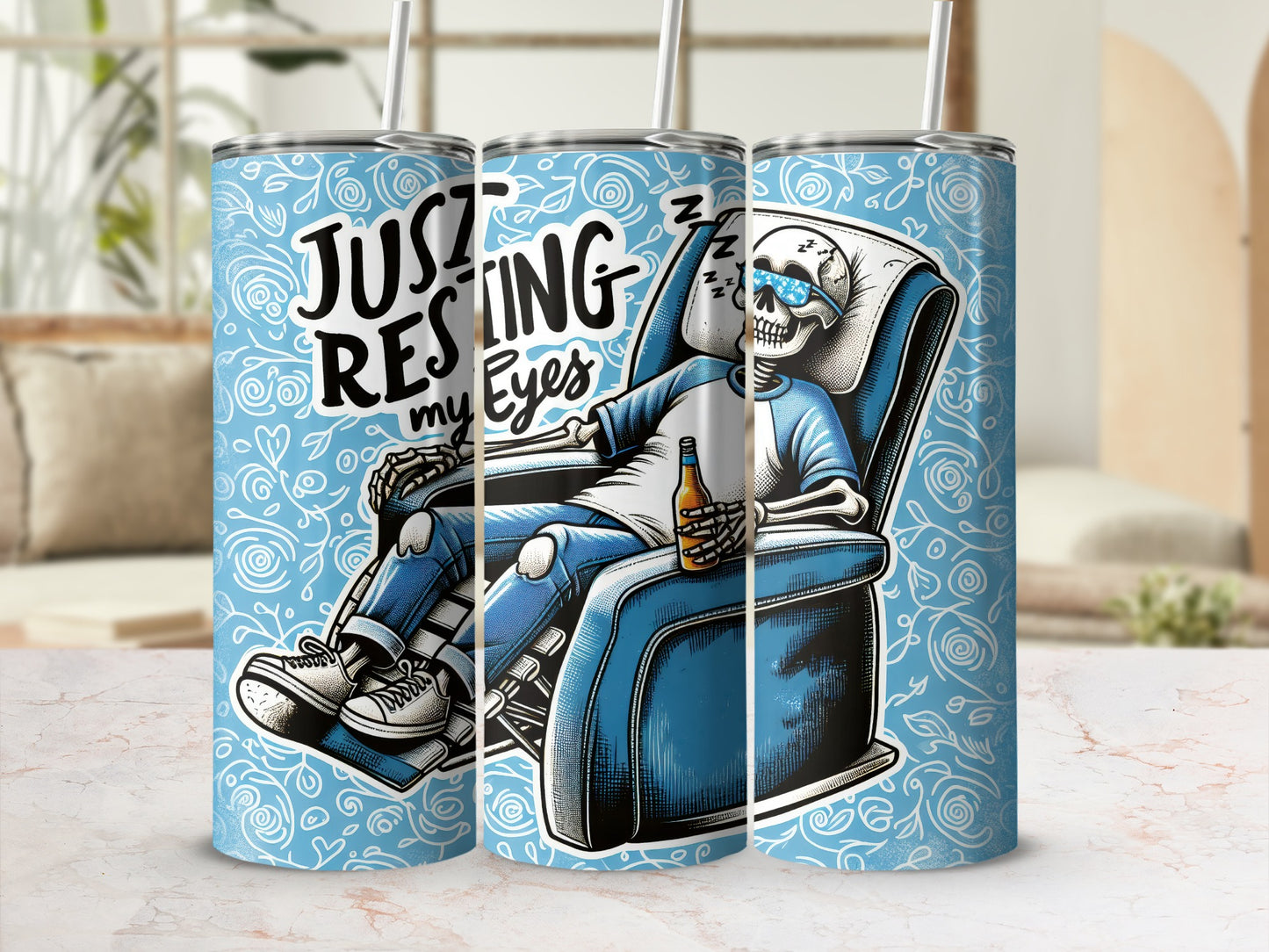 Skeleton resting in recliner with bottle, text "Just resting my eyes".