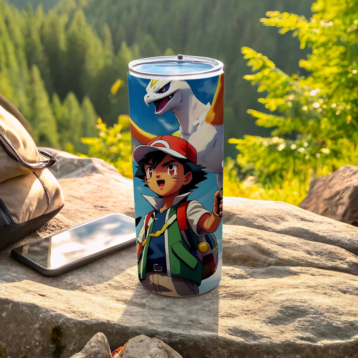 Ash and Lugia Mountain Adventure Design Travel Tumbler