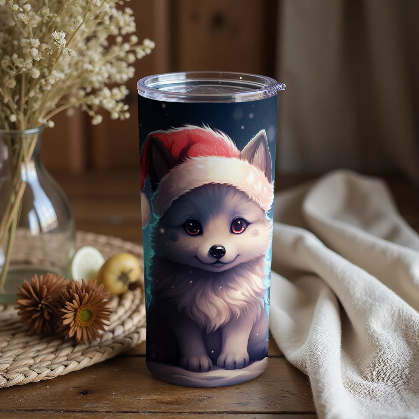 Cute Arctic Fox With Red Santa Hat Tumbler