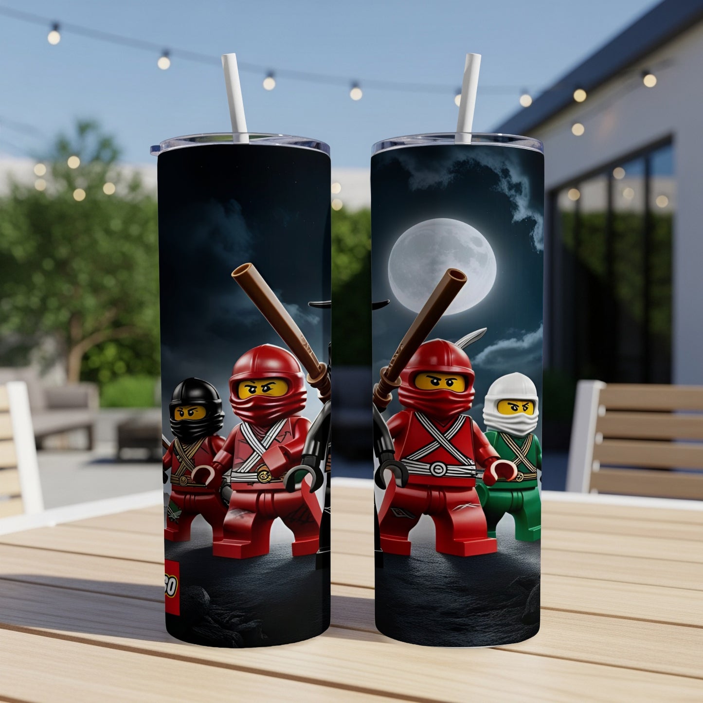 Ninjago characters with red masks and weapons stand on a dark surface under a moon.