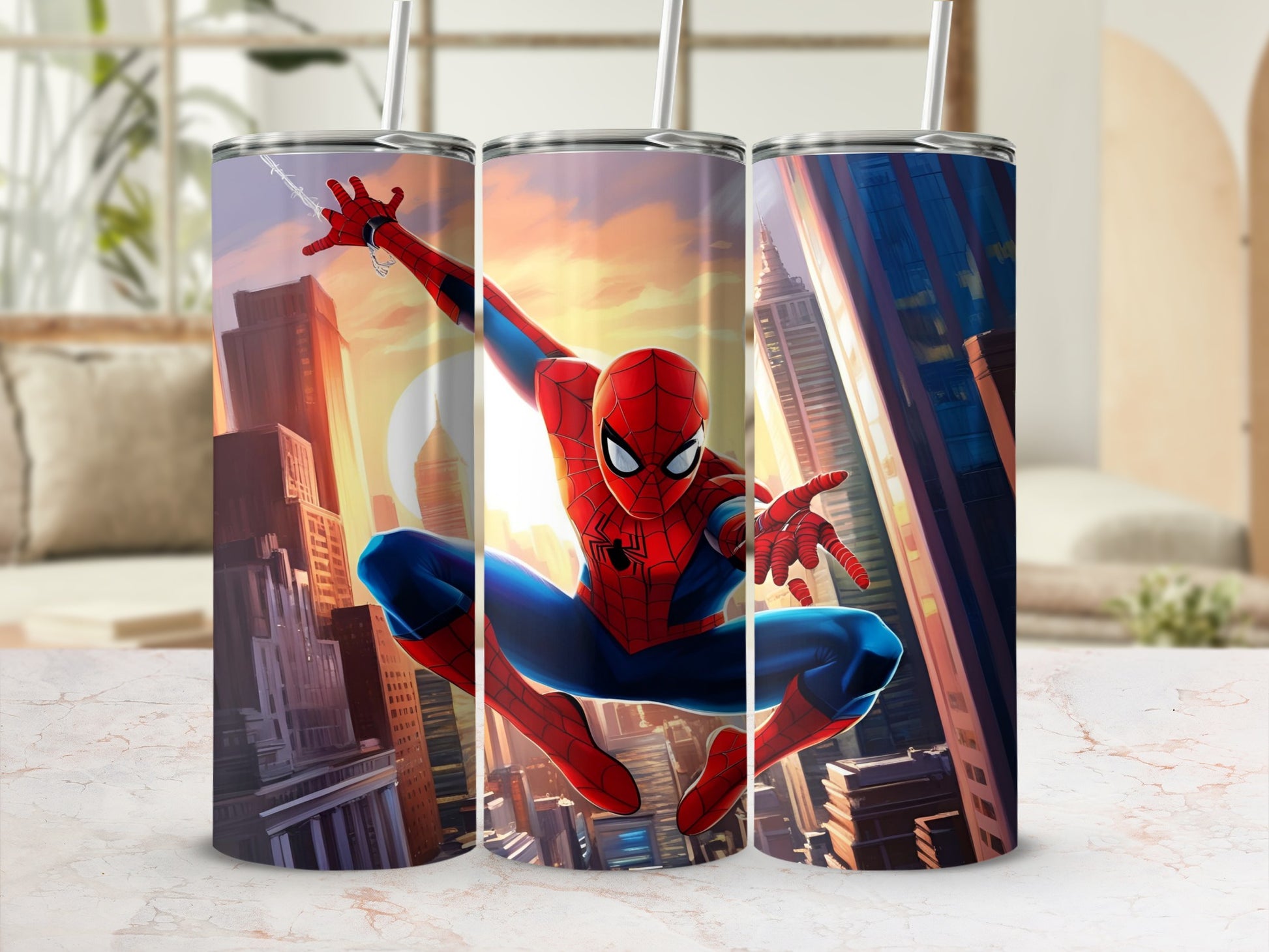 Spider-Man in a dynamic pose against a city skyline.