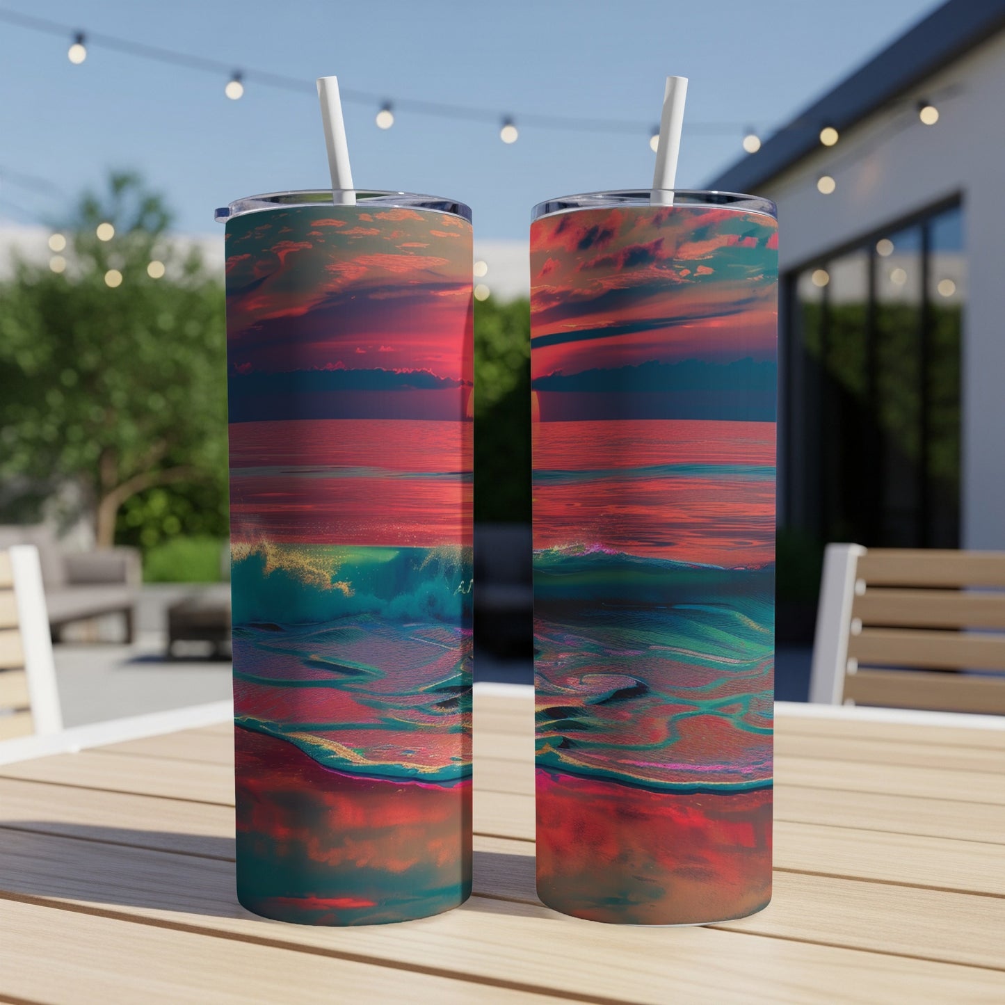 Two tall tumblers with colorful ocean wave art on an outdoor table.