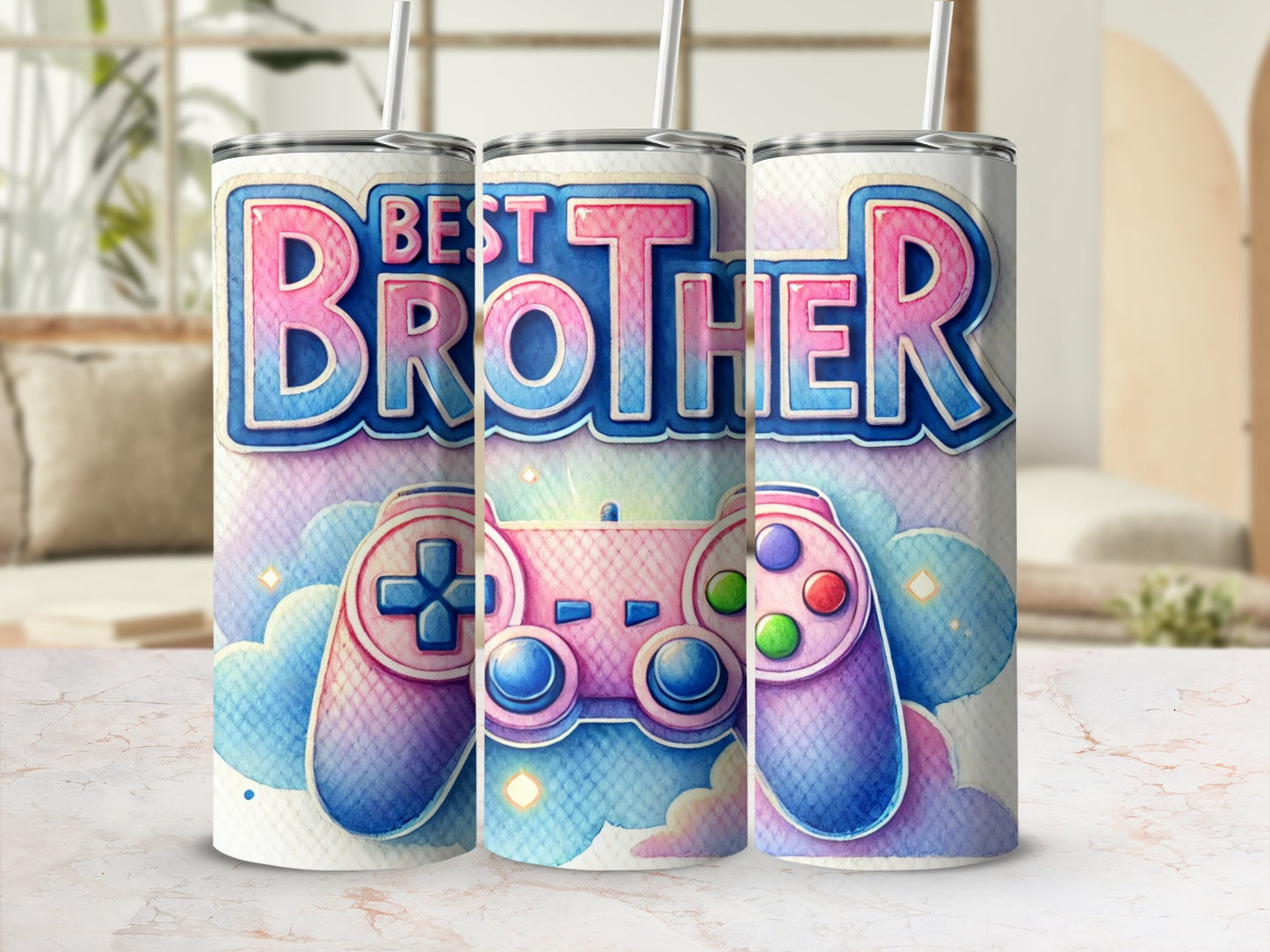Three tumblers with "Best Brother" and video game controller design.