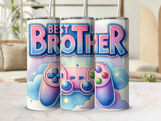 Three tumblers with "Best Brother" and video game controller design.