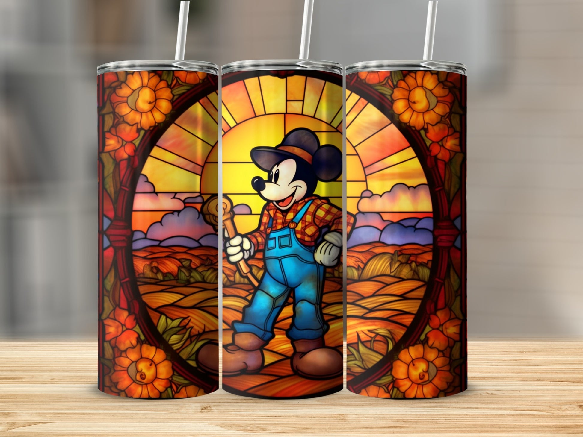 Colorful Stained Glass Farmer Mouse Tumbler Cup