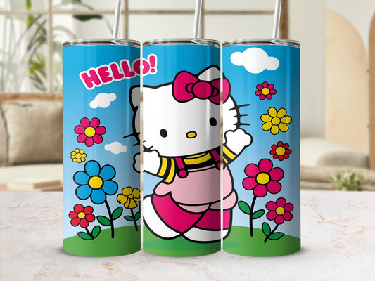 Hello Kitty tumbler with flowers and clouds on blue background.