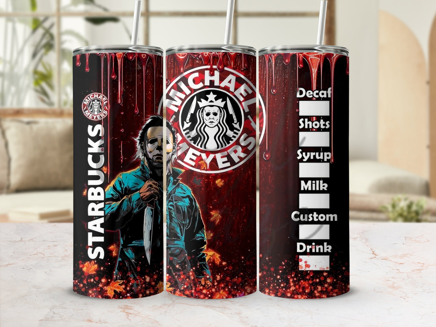 Michael Myers Starbucks-themed tumbler with bloody drips and drink options.