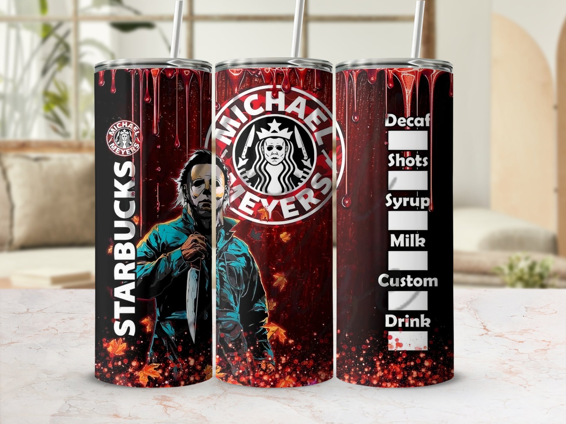 Michael Myers Starbucks-themed tumbler with bloody drips and drink options.