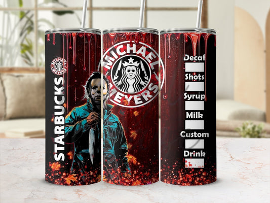 Michael Myers Starbucks-themed tumbler with bloody drips and drink options.