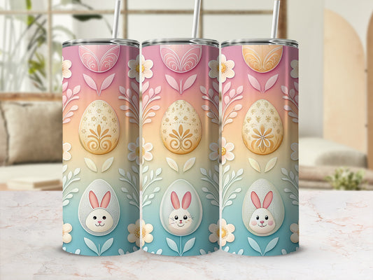 Three Easter-themed tumblers with bunnies and floral designs.