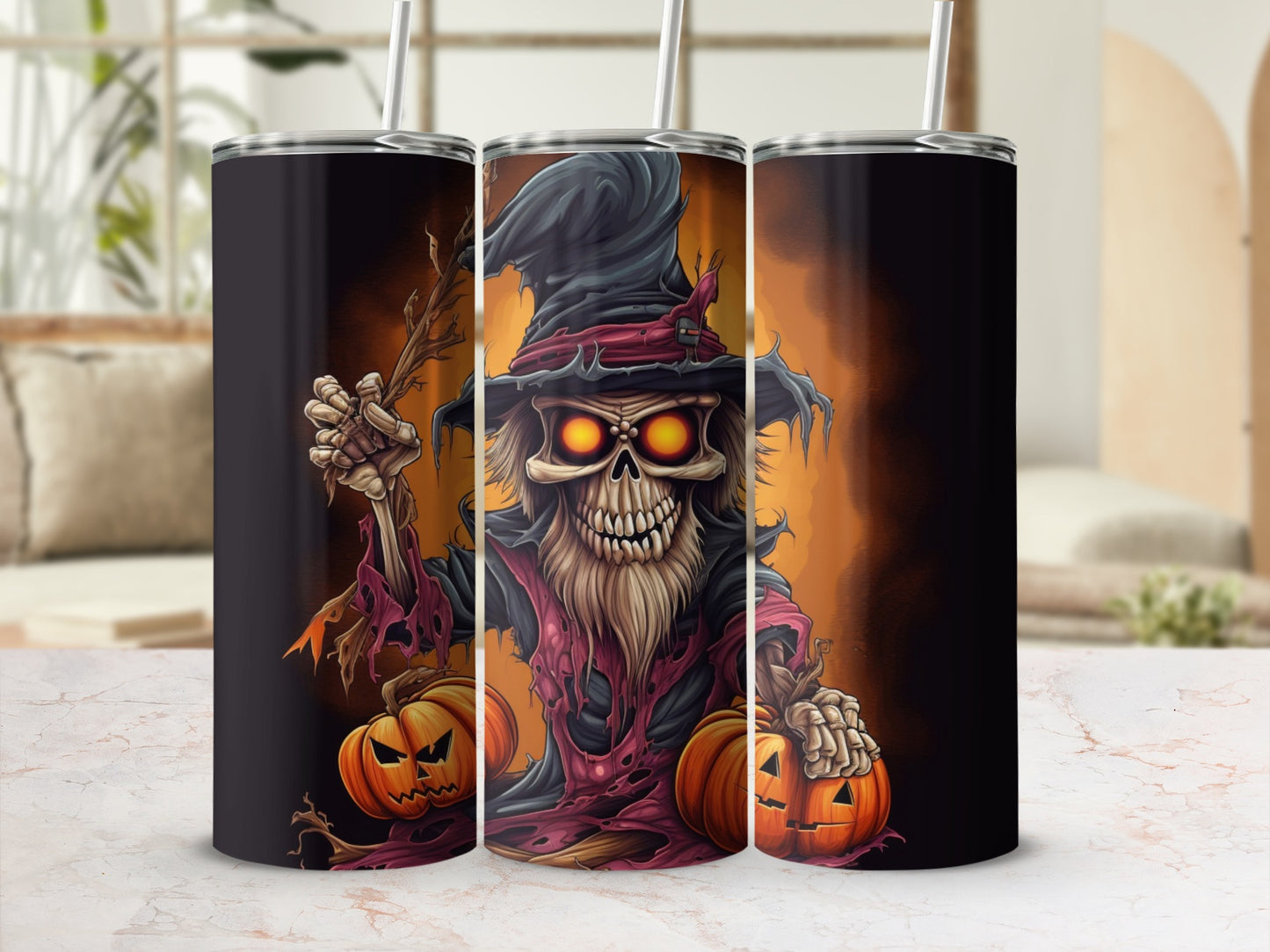 Three tumblers feature a creepy skeleton witch with glowing eyes and pumpkins.