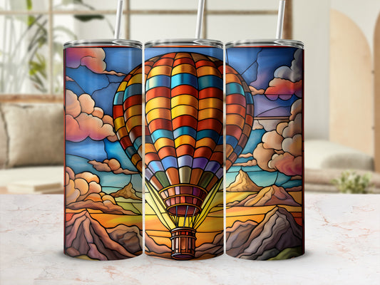 Hot air balloon stained glass design on a tumbler.