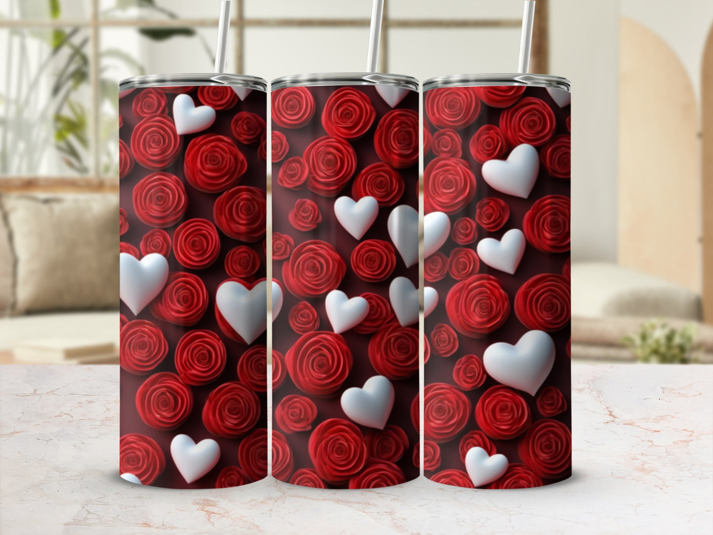 Three tumblers with red roses and white hearts pattern.