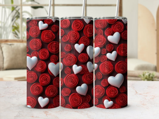 Three tumblers with red roses and white hearts pattern.
